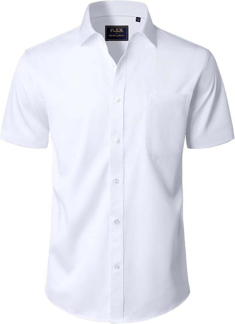 J.VER Mens Short Sleeve Dress Shirts Solid Wrinkle Free Casual Button Down Shirt with Pocket (White, XL)