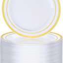 BESTVIP 100PCS Gold Plastic Plate, 7 Inch Disposable Dessert Plate Party with Gold Rim, Heavy Duty Disposable Plastic Plates for Party, Wedding and Birthday