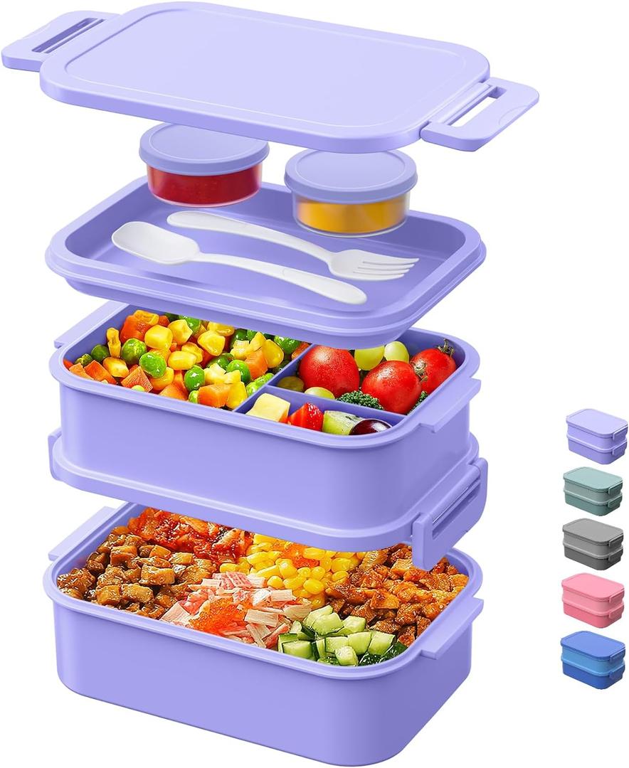 Lunch Box Adults Bento Box - 74 OZ All-in-One Stackable Lunch Box Containers for Adult Large Bento Box with Fork Spoon Sauce Boxes, Leakproof Lunchbox for Work School Dining Out,Macaron-Purple (4-Macaron Purple)