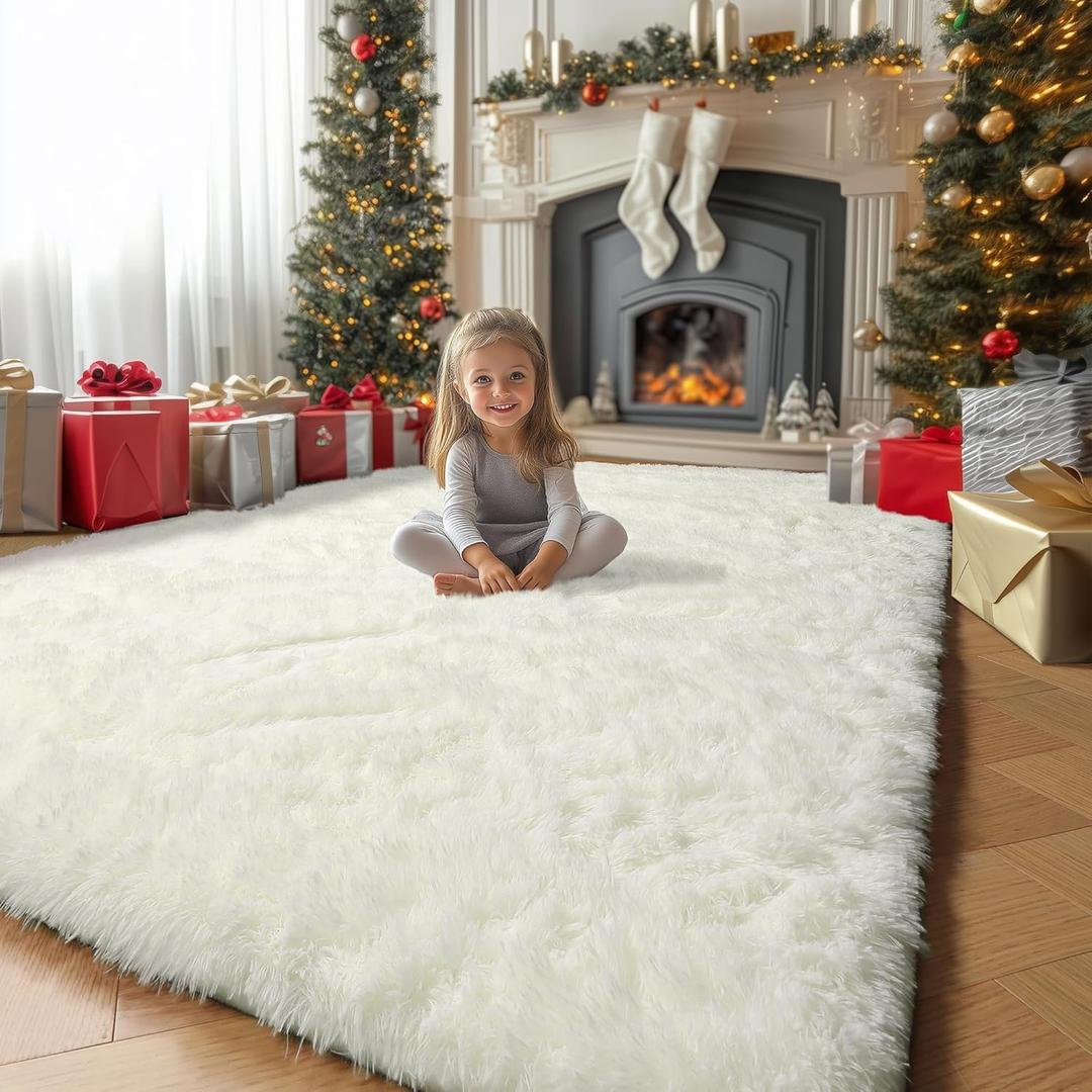 Amdrebio Ivory Area Rugs for Living Room Bedroom, 8x10 Big Large Soft Fluffy Neutral Carpet for Kids Room, Shaggy Thick Fuzzy Floor Rugs for Apartment Playroom Nursery Classroom, Furry Cream White Rug (8' x 10' (Rectangular))