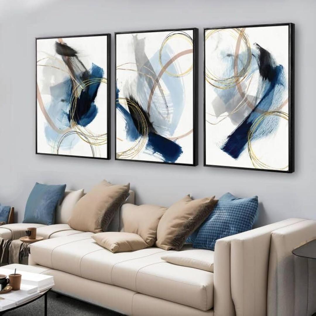 3 Piece black franed Abstract Wall Art Blue Paintings Minimalist Wall Decor Graffiti Poster Modern Artwork Picture Canvas Print,Framed for Living Room Bedroom