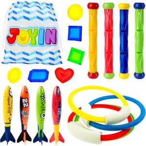 JOYIN 18Pcs Diving Pool Toys for Kids, Swimming Pool Toy with Storage Bag Includes 4 Pool Rings, 4 Diving Sticks, 4 Bandits, 6 Treasures Underwater Swim Pool Games for Ages 8-12