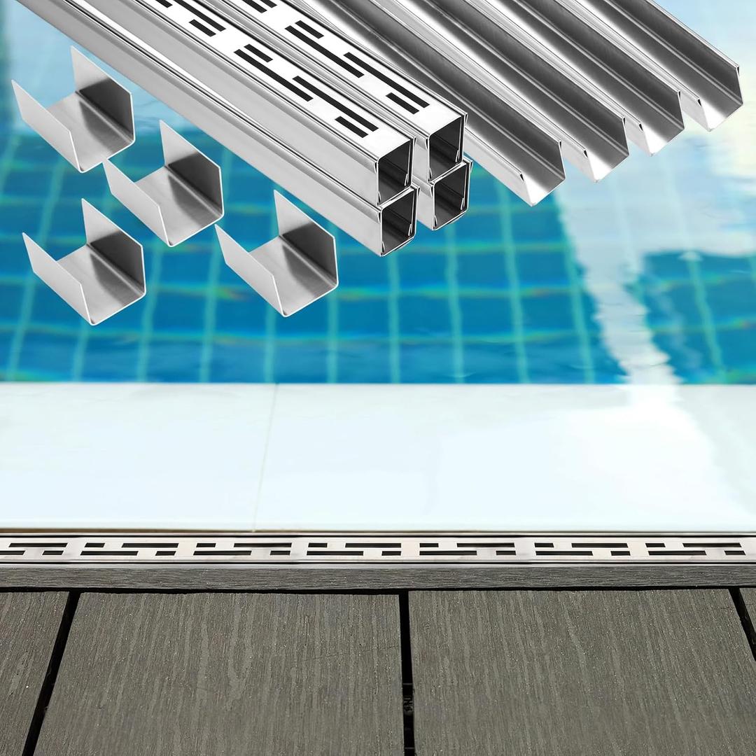 4 Pack Pool Deck Drain 1.25-inch W x 4-feet L, Outdoor Deck Drainage System 304 Stainless Steel with Coupling, Channel Drain for Integrated Grate/Concrete/Paver/Patios/Walkways (Silver)