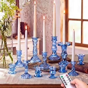 Mumufy 48 Pcs Blue Crystal Taper Candle Holders with Flameless Candles
