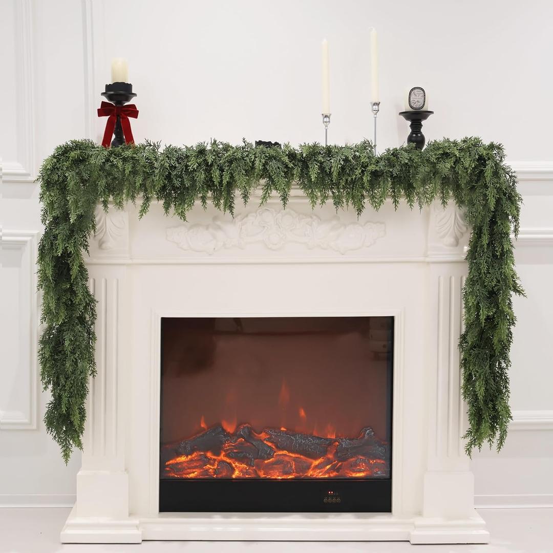 9FT Artificial Cedar Garland for Christmas Decoration - Realistic Winter Greenery Garland for Mantel, Fireplace, Table, Door, Holiday Indoor Outdoor Decor (9FT Leaf without wire)