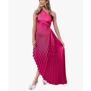One Shoulder Ruched Bridesmaid Dressses for Women Pleated Satin Maxi Formal Evening Dress, S/M