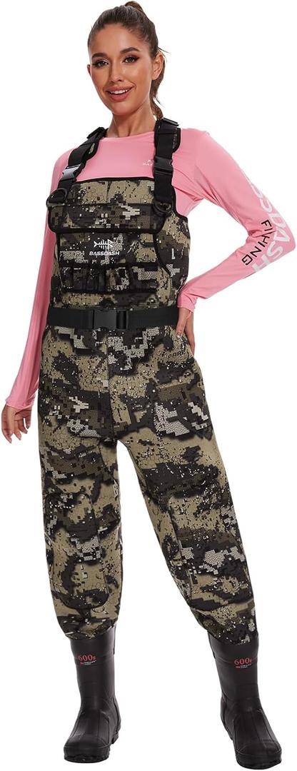 BASSDASH Women Neoprene Chest Waders Desolve Bare Camo for Fishing Hunting with 600 Grams Insulated Rubber Boot Foot, Small, Boot 6