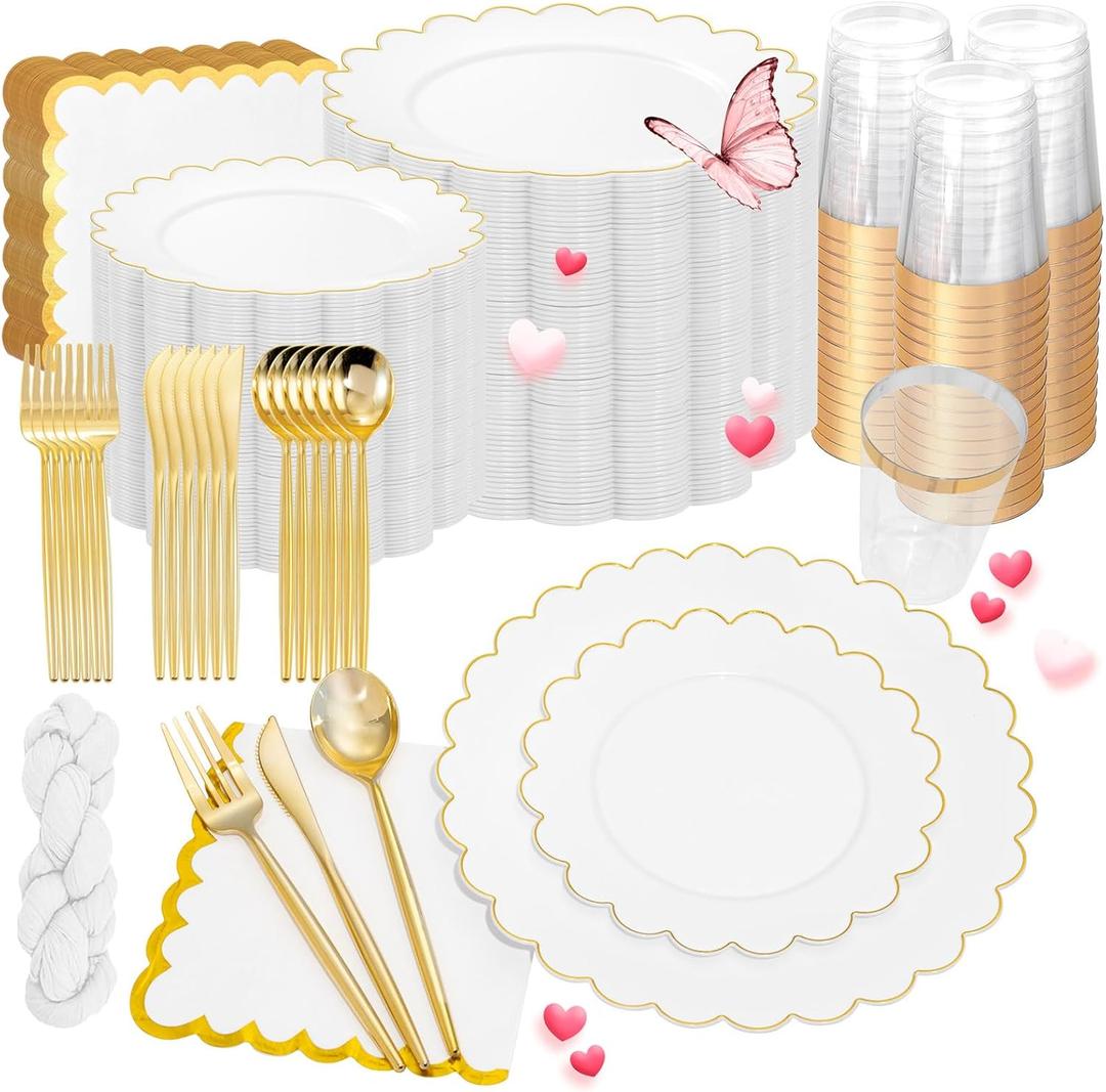 WONDERFUL 351pcs Upgrade White Plastic Plates - Plastic Dinnerware set with Fancy Gold Edges Includes 1 Table Runner 100 Disposable Plates 150 Silverware 50 Cups 50 Napkins for Wedding High End Party