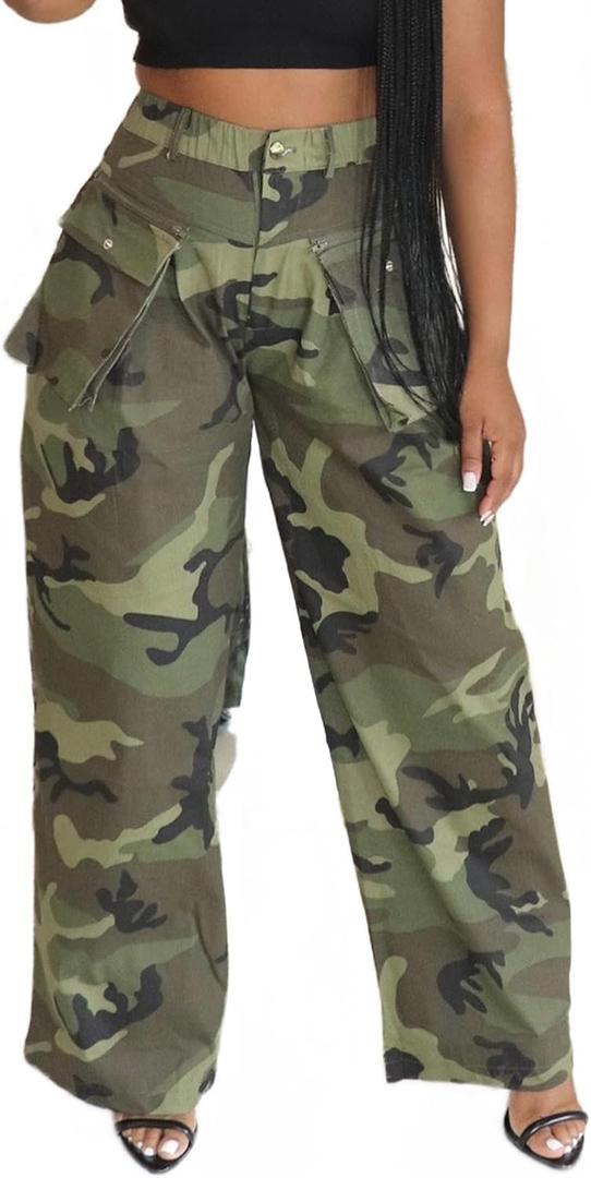 Baggy Jeans for Woman, Hunting Pants for Women, Camo Jeans, Camo Sweatpants (Green, XL)