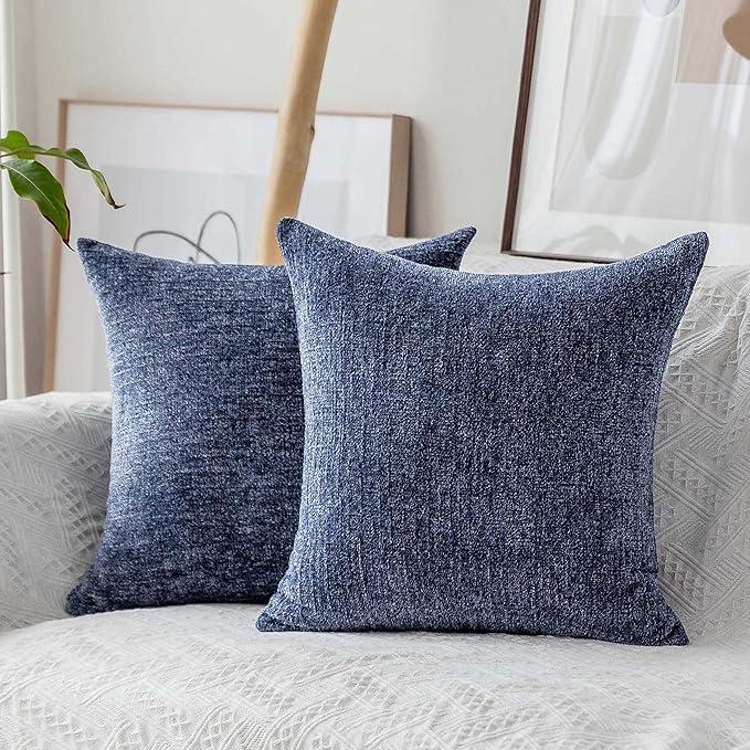 HOME BRILLIANT Decor Throw Pillow Covers Supersoft Chenille Velvet Cushion Cover for Couch Bench, 2 Packs, 18x18 inch (45x45cm),Dark Blue