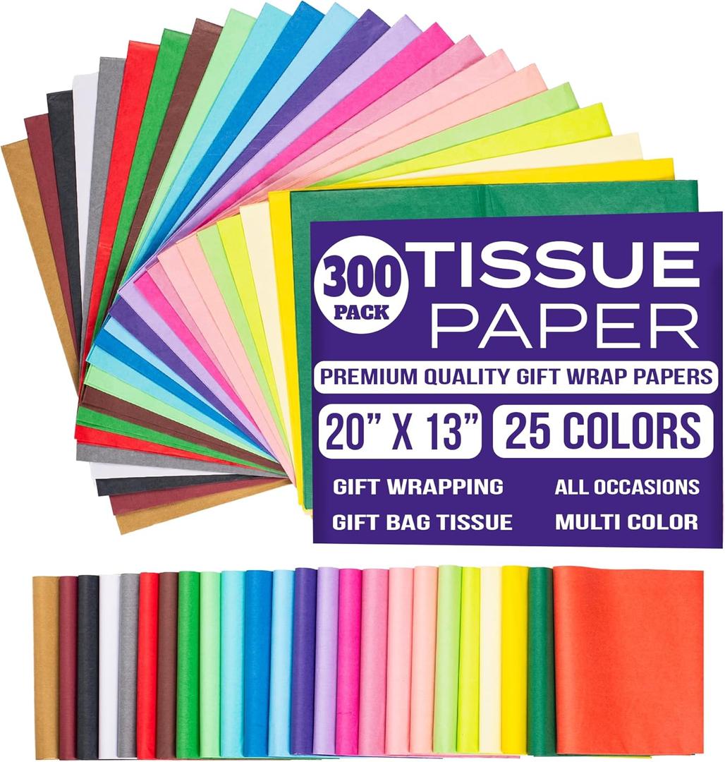 Purple Papers Multicolor Assorted Gift Tissue | 20x13 Inches Pack of 300 Sheets| Small and Medium Sizes for Holiday, Wrapping and Gifting Tissue Paper Needs