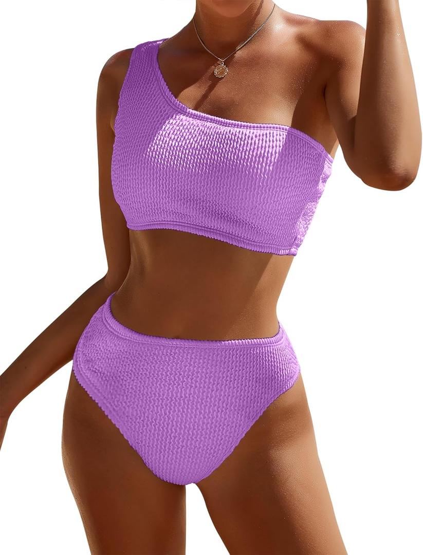 Bikini Sets for Women High Waisted 2 Piece Bestselling Swimsuit Ribbed One Shoulder Tummy Control Bathing Suit 2025 (X-Large, Purple)