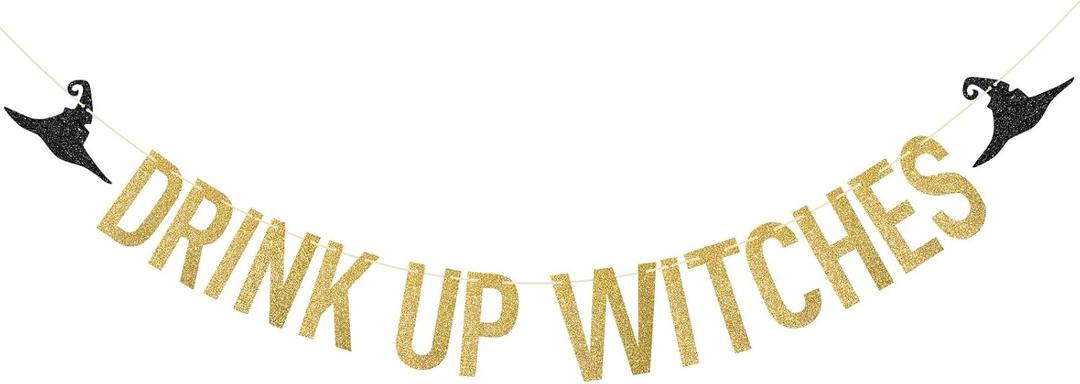 Pre-Strung Drink Up Witches Banner - NO DIY Gold Glitter Halloween Witches Banner Sign Halloween Party Banners Witch Garland for Indoor Outdoor Decorations