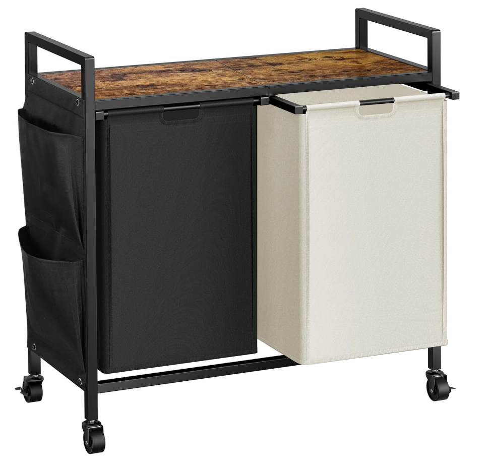 WOWLIVE Double Laundry Hamper with Lid,Rolling Laundry Basket Organizer with Wheels, Iron-Made Laundry Sorter with Top Shelf and 2 Removable Bags,Large Clothes Storage for Room,Black and Beige