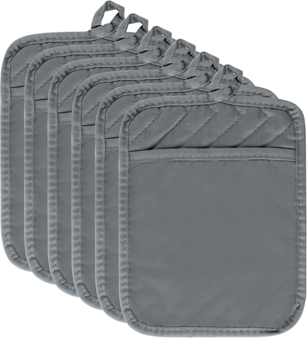 R HORSE 6Pcs Pot Holder with Pocket Grey Cotton Pocket Pot Holder Set for Kitchen Heat Resistant Potholder Terry Cloth Coaster Kitchen Hot Pad Oven Mitts Pads Trivet for Baking Cooking 7''x9''