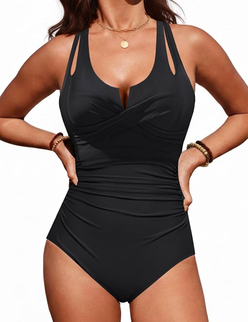 Women Tummy Control One Piece Swimsuits Slimming Push Up Bathing Suit Double Straps Swimwear (Black)