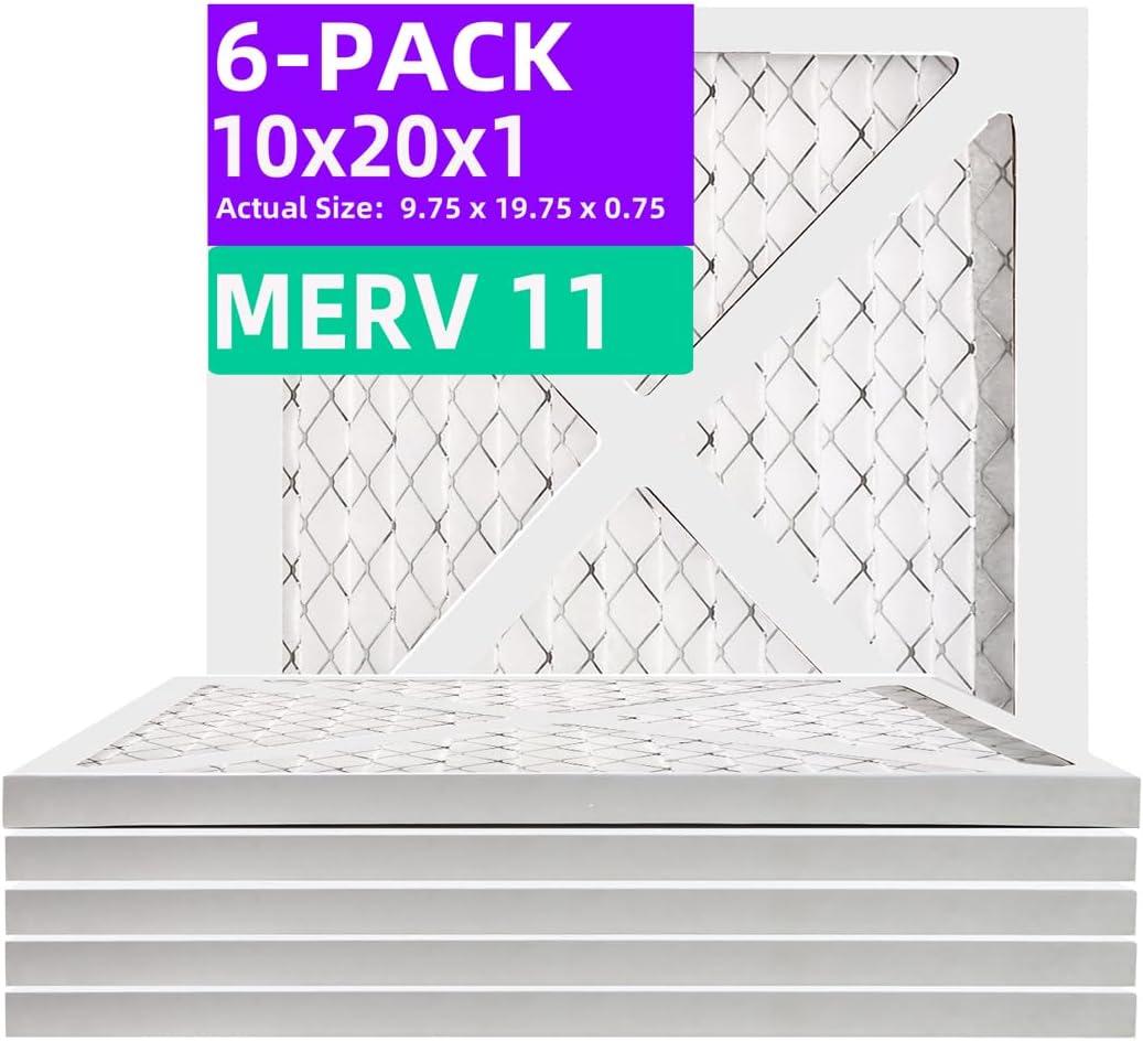 10x20x1 MERV 11 (6-Pack) Pleated Air Filter (Actual Size: 9.75"x19.75"x0.75") MPR 1200 & FPR 7, Furnace Air Filters,10x20x1 air filter