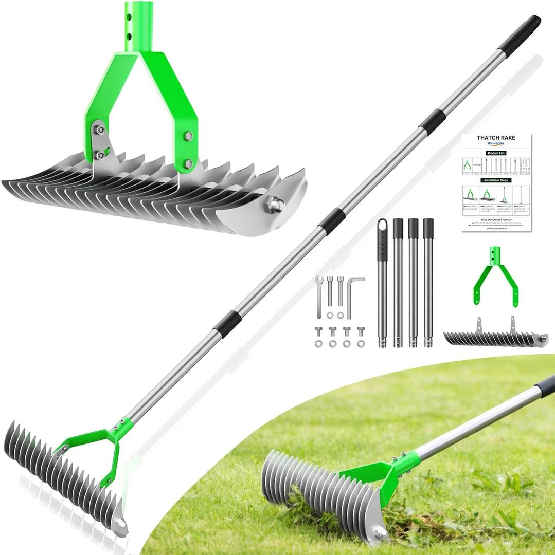 Thatch Rake for Lawn with 68" Adjustable Handle, 15" Heavy Duty Dethatcher Rake for Lawn, Thatching Rake with Dual-Action Tines, Dethatching Rake for Efficiently Removes Dead Grass, Loosens Soil