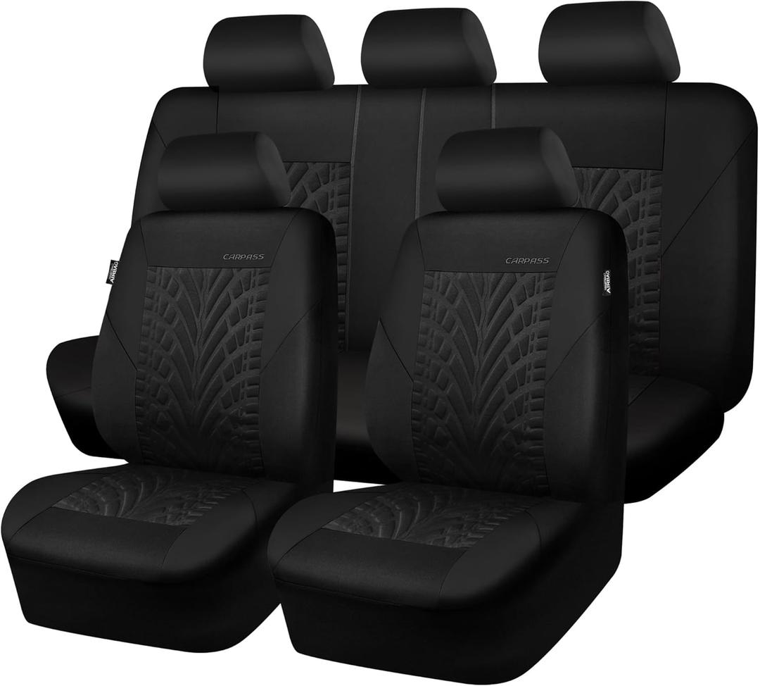 CAR PASS Car Seat Covers Full Sets, Front & Split Rear Bench for Car, 3D Tyre Embossed Automotive Interior Covers, Airbag Compatible, Quick Setup Universal Fit Seat Covers for Car, SUV(All Black)