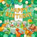 Party Spot! 258 pcs Dinosaur Birthday Party Decorations For Boy,20 Tableware Sets,Fringe Curtains,20 Paper Plates, Paper Cups, Green Dinosaur Balloon Arch Kit