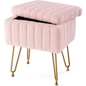 Sweetcrispy Vanity Stool Chair with Storage, 18.9H x 16L x 12.2W Ottoman Chair Faux Fur Soft Padded Makeup Footstools Seat with 4 Metal Legs Anti-Slip Adjustable Feet for Make Up, Pink