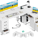 Coleshome L Shaped Computer Desk with 6 Drawers & Power Outlet, 55 Inch Corner Desk with Reversible Storage Shelf & File Drawer, Home Office Desk, Grey Oak