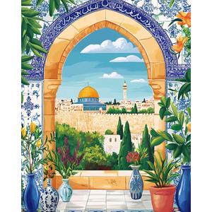 Islamic Style Arch Paint by Numbers for Adults Beginners Flowers in a Vase Painting by Number on Canvas Without Frame,Islamic Style Paint on Canvas with Brushes Acrylic Paints for Gift (16x20inch)