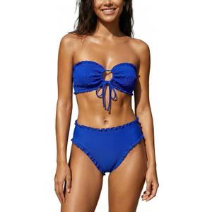 Women's Ruffle Bikini Set 2 Piece Swimsuit, Smocked Bandeau Top, High Waisted Bottom, Cheeky Coverage (Blue, L)