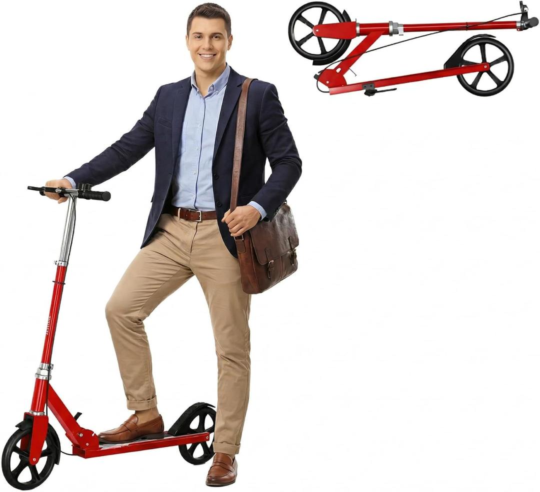 Non-Electric Scooters for Kids 8-12, Teens & Adults - Foldable Commuter Scooter with 8" Wheels, Bell, Hand Brake & Adjustable Height 30"-40.5", 220LB Capacity, Manual Push Scooter for Campus & Park