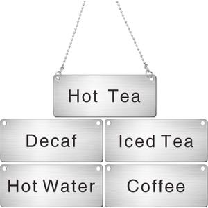 Hicarer 5 Pcs Stainless Steel Chain Signs 3-1/2 x 1-3/8 Beverage Table Display Hanging Chain Sign(Coffee, Decaf, Hot Water, Hot Tea, Iced Tea)