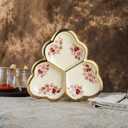 fanquare 3 Compartment Platter, Gold Porcelain Appetizer Serving Tray, Floral Ceramic Divided Serving Plate for Fruit, Candy, Nuts, Large