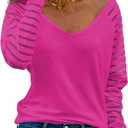 AISEW Womens Long/Short Sleeve V Neck T-Shirt Striped Sheer Mesh Raglan Tees Loose Casual Tops (Pink, M)