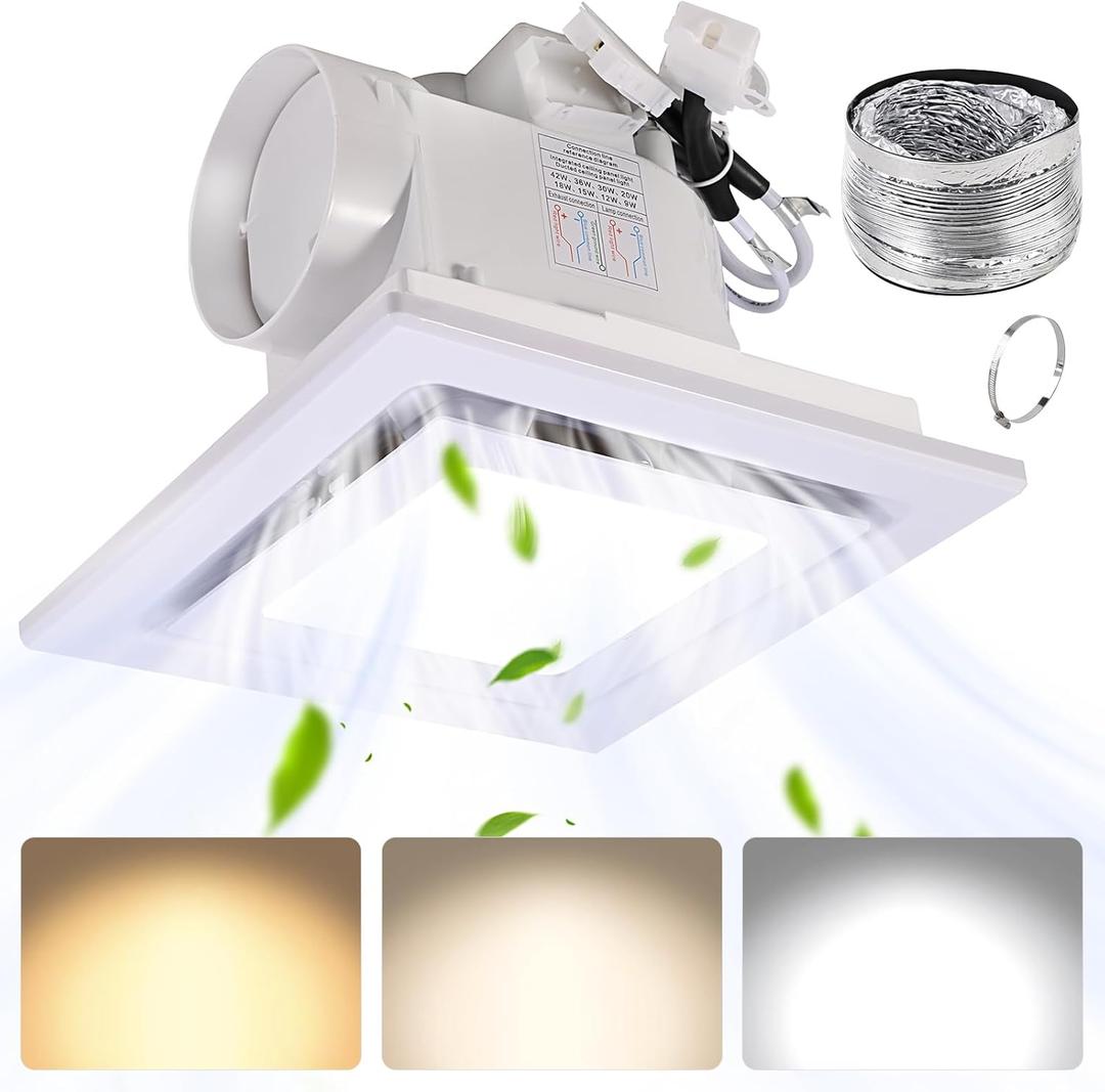 FEITON Square Bathroom Exhaust Fan with LED Light, Adjustable Color Temperature(3000K/4500K/6000K), 110 CFM 30W 4 Inch Duct, 110-220V 1.0 Sones Quiet Bathroom Ventilation Fan Light Combo Ceiling Mount