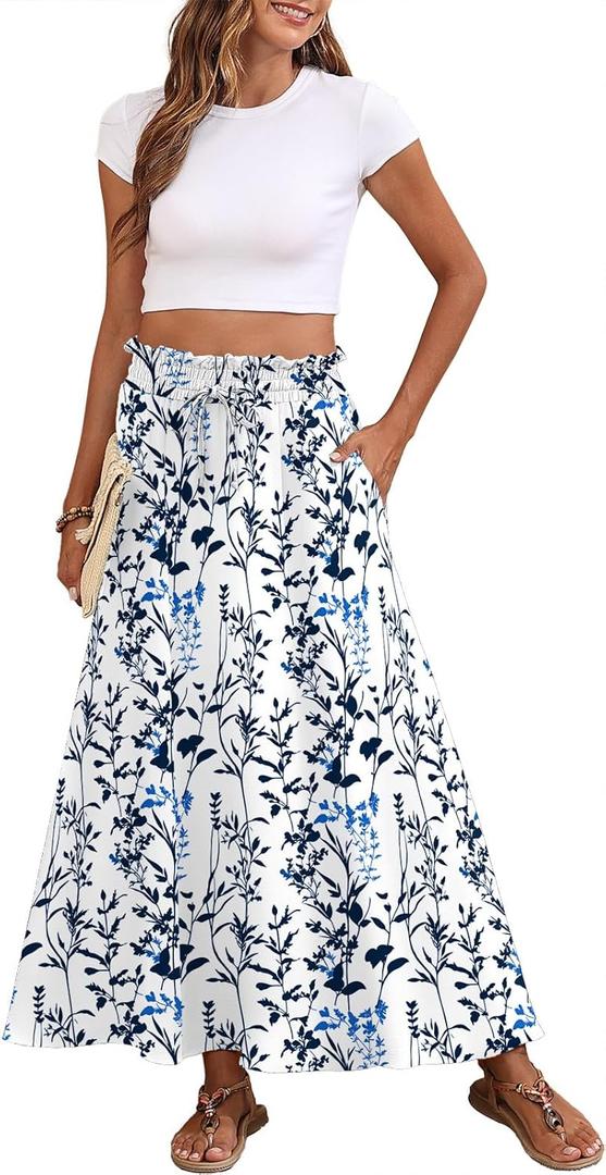 Askyes Womens Maxi Skirt Summer Tie Knot Elastic High Waisted Boho Casual Beach Flowy Swing Long Skirts with Pockets (Water Plants), XL