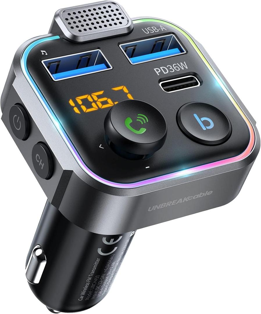 UNBREAKcable Bluetooth FM Transmitter for Car, PD 38W Fast Charging, Wireless Bluetooth FM Radio Adapter, Car Kit with Hands-Free Calls, HiFi Bass Boost MP3 Music Player Support USB Drive (Grey) UNBREAKcable Bluetooth FM Transmitter for Car, PD 38W Fast Charging, Wireless Bluetooth FM Radio Adapter, Car Kit with Hands-Free Calls, HiFi Bass Boost MP3 Music Player Support USB Drive (Grey)