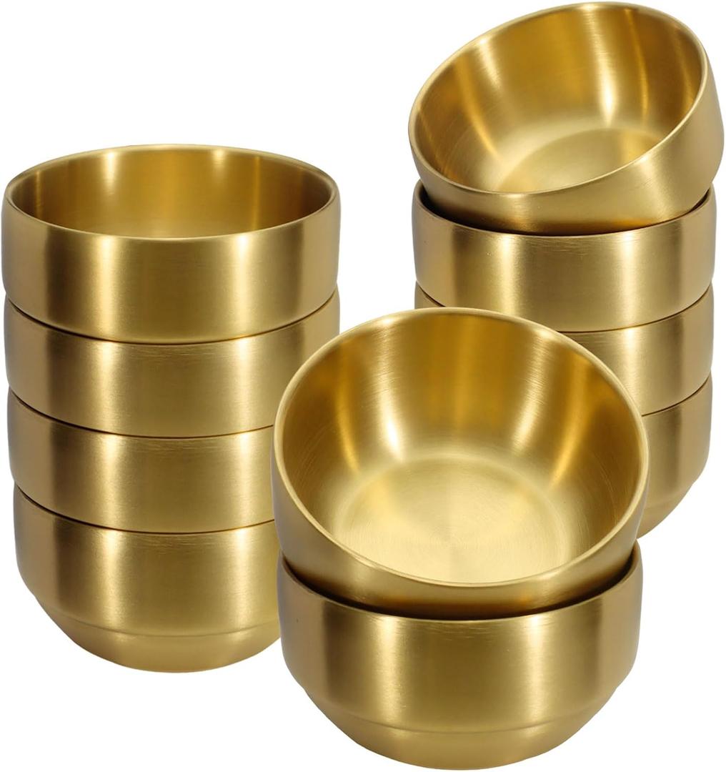 10 Pack Thick Gold 304 Stainless Steel Bowls 4.1 Inch, 10.1 Oz Double Wall Insulated Metal Rice Bowls Set, Ice Cream Salad Soup Sauce Bowl, Kitchen Serving Small Bowls for Side Dishes