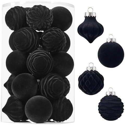 Wironlst Velvet Ornaments for Christmas Tree, 4 Style Flocked Matte Velvet Christmas Ball Ornaments, Shatterproof Decor for Xmas Tree Wedding Holiday Party Home (2.36" 25pcs Black)