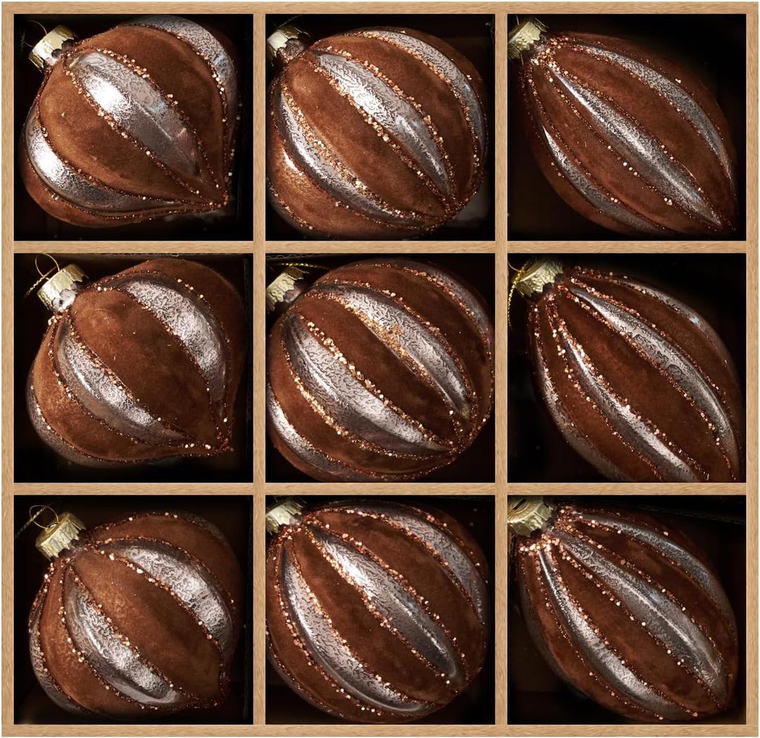 DN DECONATION Brown Glass Christmas Ornaments, Flocked Velvet Hanging Ornament Ball with Assorted Sizes & Designs, Vintage Xmas Tree Home Party Decor (9PCS) (Set of 9)