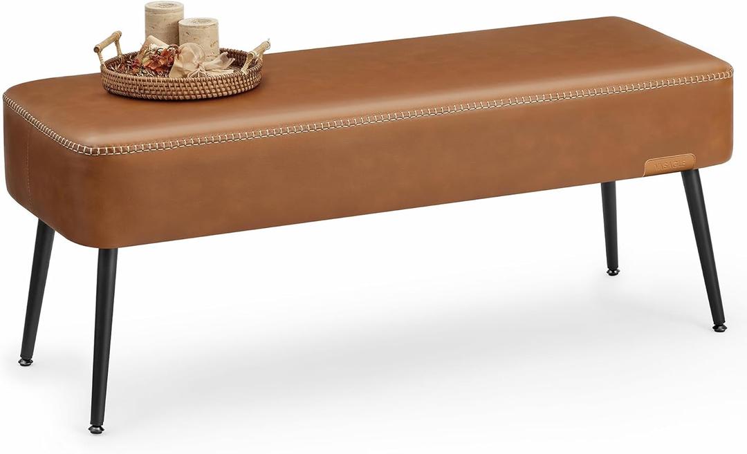 VASAGLE EKHO Collection - Bench for Entryway Bedroom, Synthetic Leather with Stitching, Ottoman Bench with Steel Legs, Living Room, Mid-Century Modern, Loads 660 lb, Caramel Brown ULOM076K01