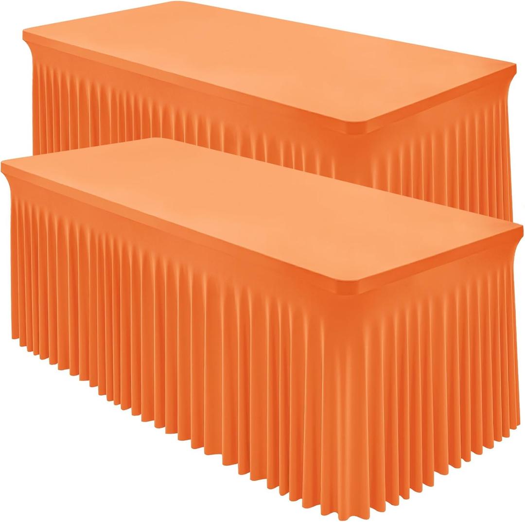 Shillance 2 Packs Orange Spandex Tableclothes for 8 Foot Rectangle Table, Spandex Table Covers 8FT Stretch Table Skirts Rectangle Wrinkle Free Fitted Tablecover for Event, Wedding, Banquet & Parties