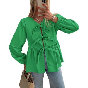 PRETTYGARDEN Women's Spring Fall Babydoll Peplum Blouse Shirt Puff Long Sleeve Bow Tie Front Trendy Cute Y2K Going Out Tops (Green, L)