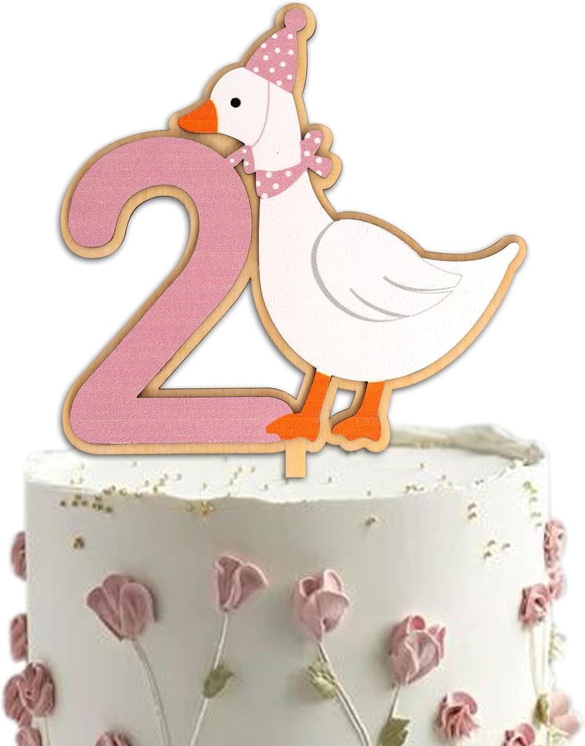 One Silly Goose Cake Topper - Pink Number2 Cake Decoration for Boys and Girls,2nd Birthday White Goose Party Supplies,Farm Theme Photo Props,One Silly Goose Is Two Party Decor