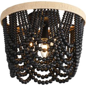 Bohemian Lighting Bohemian Chandelier Handmade Beaded Chandelier Vintage Hemp Rope Woven Ceiling Lighting 3 Lights Wood Bead Chandelier Nursery Lighting Bedroom Ceiling Light (Black)