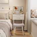 Solid Wood Small Vanity Desk with Flip Top Mirror, Brightness Adjustable Lights, Compact Vanity with Glass Top and Drawers, Slim Dressing Table for Small Space, Bedroom, Living Room, White