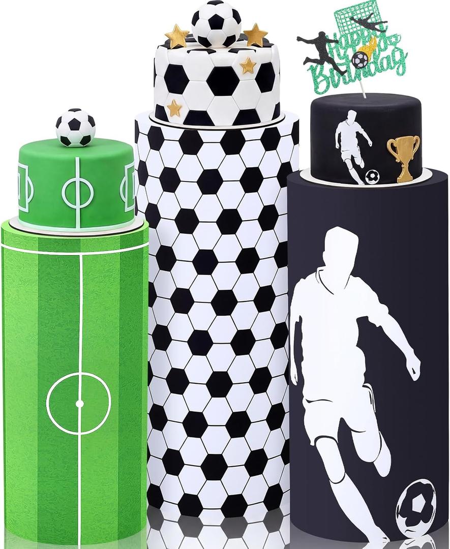 Mindsoft Set of 3 Soccer Spandex Cylinder Stand Covers for Party, Football Flexible Cylinder Pedestal Covers, Dessert Tables Display for Sport Themed Birthday Party Wedding Backdrop Decor(Soccer)