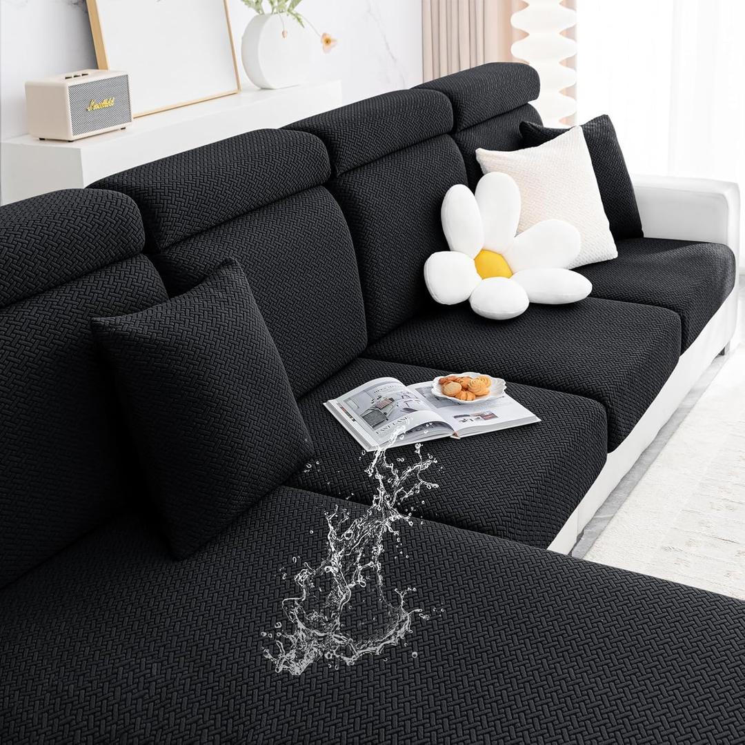 Smiry Waterproof Couch Cushion Covers, Stretch Jacquard Thick Sofa Cushion Covers, Washable Seat Slipcover Elastic Furniture Protector for Pets, Kid (Back Cover L, Black)