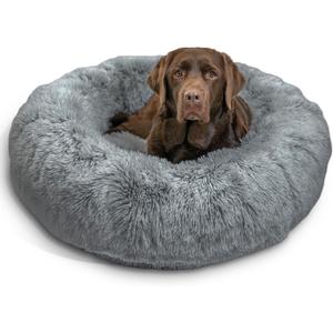 Best Friends by Sheri Original Calming Donut Dog and Cat Bed, Shag Faux Fur, Gray, (36in x 36in) - Anxiety Relief for Pets Up to 100 lbs (Large)