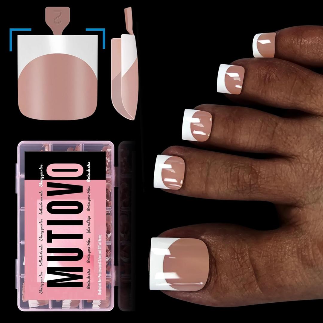 2 x French Tip Toe Nail Tips Press on, Sharp Square Pre-Designed Soft Gel False Toenail Extension, BROWN PINK Pre-applied Tip Primer & Base Coat, Full Cover Acrylic for DIY x 15 Sizes 240 pcs