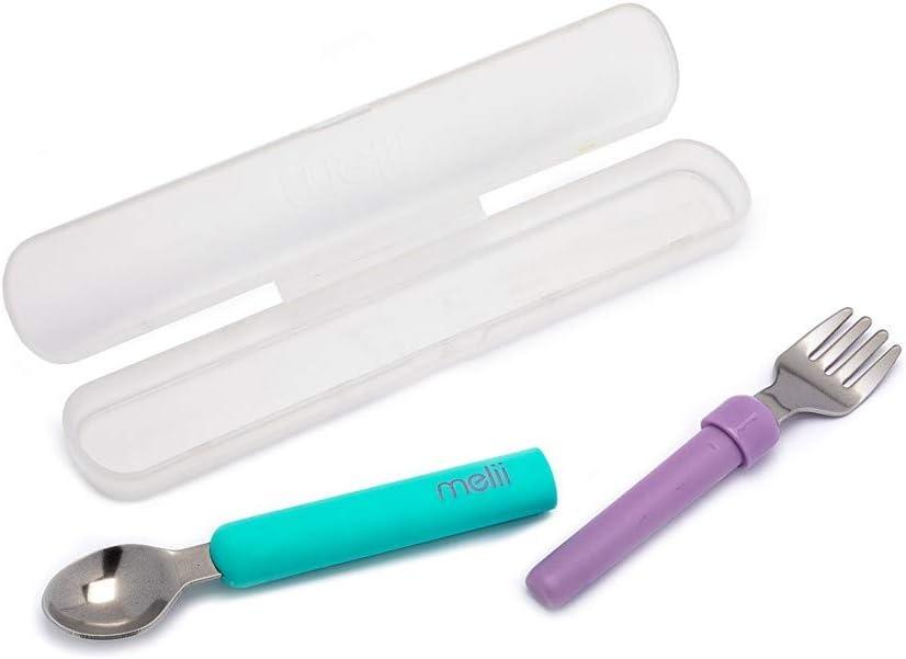 melii Detachable Baby Spoon and Fork Set with Compact Travel Case – BPA Free Soft Grip Utensils for Self Feeding – Portable Spork for On the Go Dining (Blue & Purple)