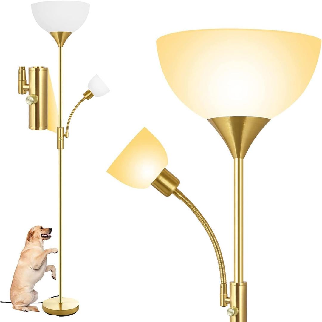 Torchiere Floor Lamps, LED Standing Lamp, 71" Tall Torch Floor Lamps with Reading Light, 3 Way Rotary Switch, White Plastic Shade,Bright Gold Modern Corner Lamp for Living Room Bedroom Office(No Bulb)